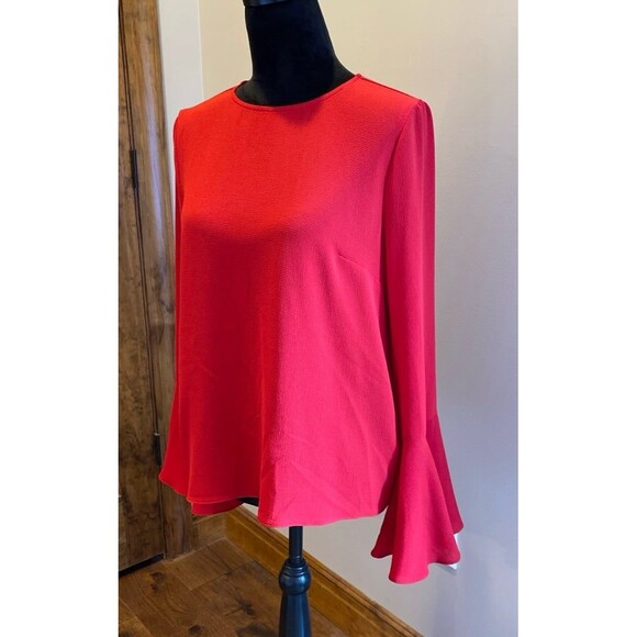 Wayf Blouse Size Medium Top Red Long Bell Sleeves Keyhole Tie Back Dressy Classy - Picture 4 of 12